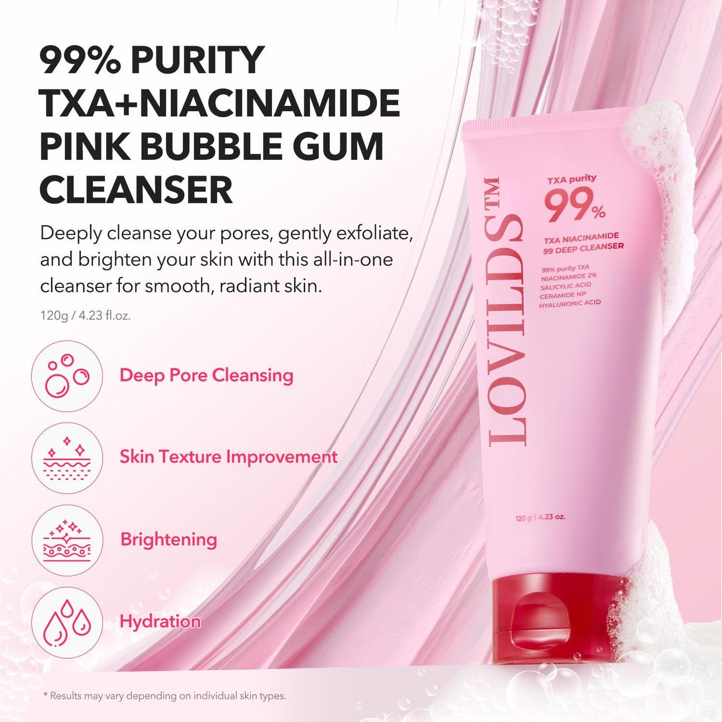 đ LOVILDSâą 99% High-Purity TXA+Niacinamide Pink Bubble Gum Cleanser for Deep Cleansing, Blackhead Removal & Pore Refinement